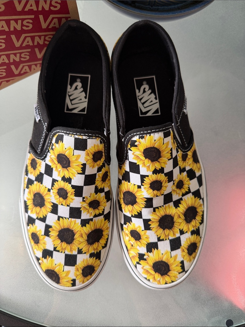 Vans Black Slip-On Sneakers with Yellow Sunflower Checkerboard - Picture 3 of 6